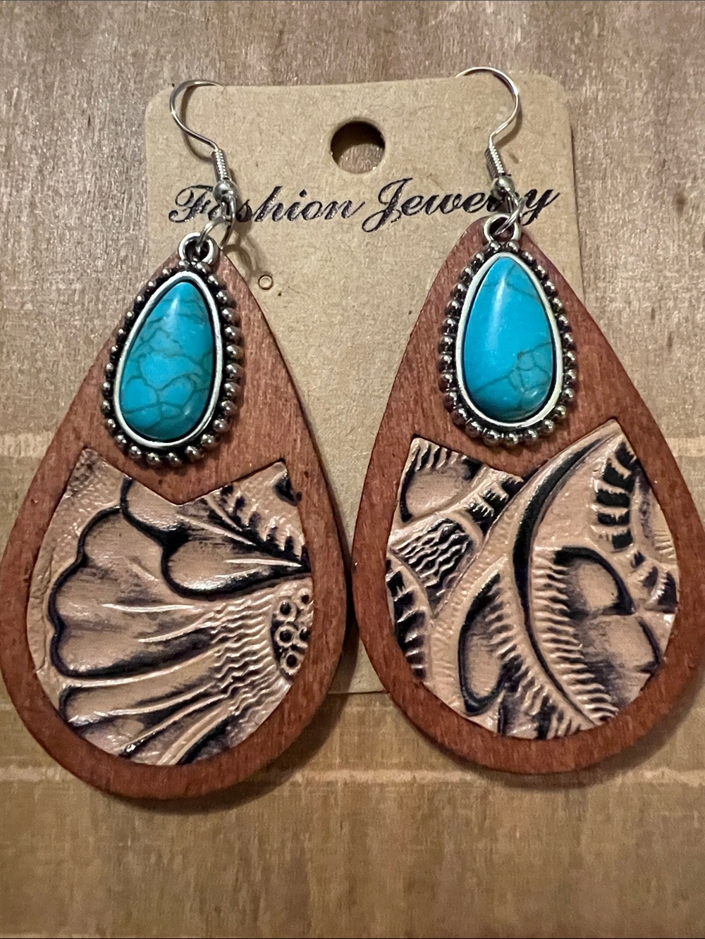 3/$18 Fashion Jewelry Turquoise and Wood Teardrop Earrings Lot 647